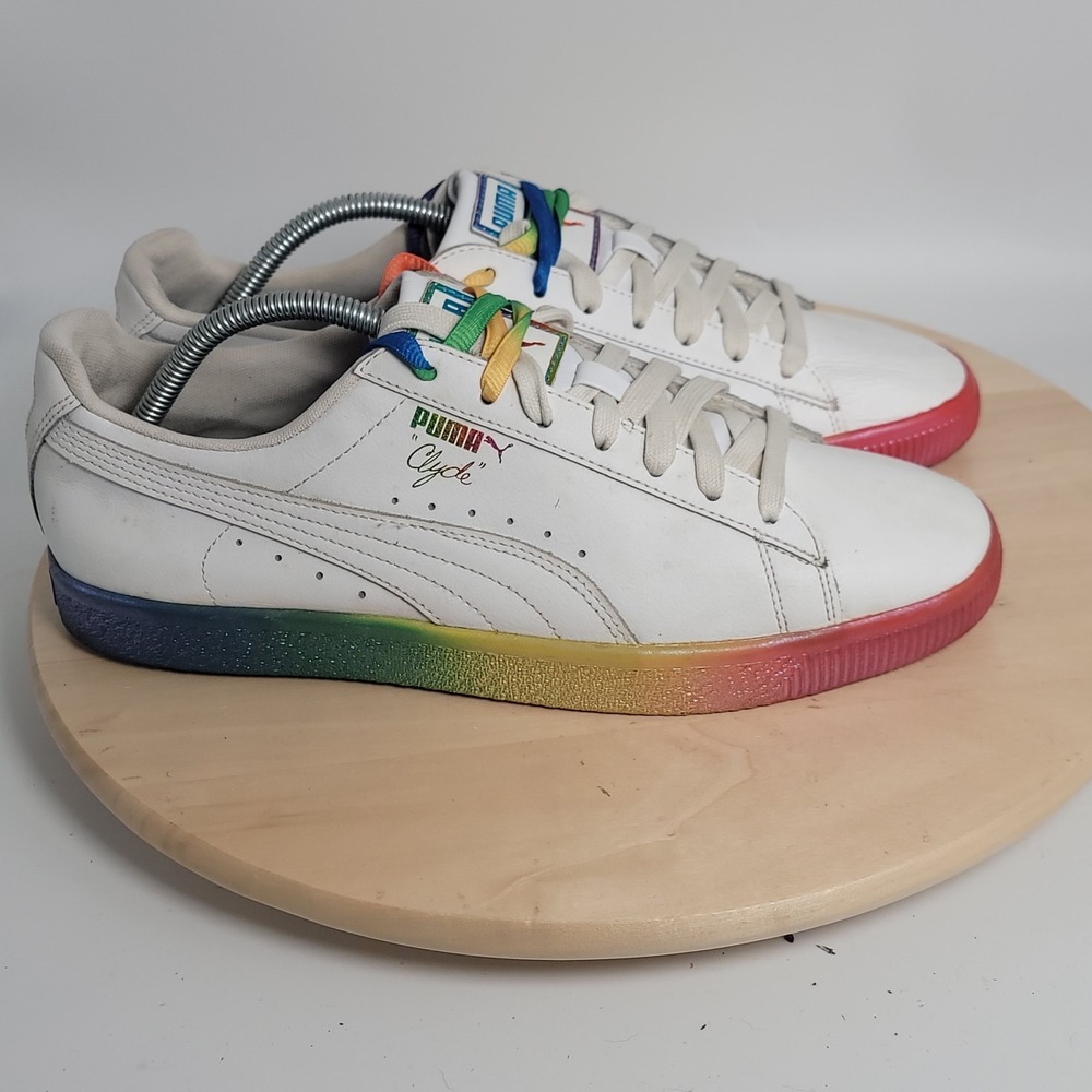 Puma Clyde Pride PRD NYC White Leather Sneakers Men's Size Rainbow